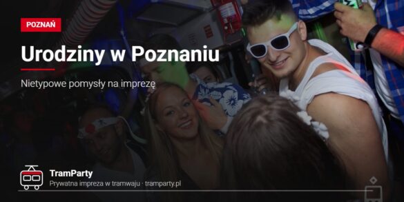 Urodziny w Poznaniu – goście bawią się w imprezowym tramwaju TramParty w kolorowych światłach